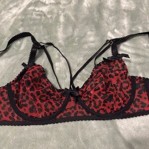Playful Promises Leopard Print Red and Black Lace Bra, strappy, 34d, never worn